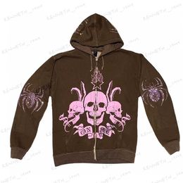 Felpe con cappuccio da uomo Felpe con strass Spider Stampa teschio Streetwear Felpe con cappuccio da donna Cappotto Goth Harajuku Y2k Abbigliamento estetico grunge Punk Giacca Zip-up T240126