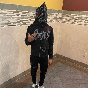 Heren Hoodies Sweatshirts Y2K Volledige Zip Up Hoodie Men Herfst Winter Gothic Rhinestones Spider Web Sweatshirt Hip Hop Grunge Skeleton Oversized Jacket Coat 230202