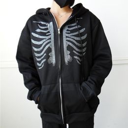 Sweats à capuche pour hommes Sweatshirts Y2K strass Skeleton Sweat à capuche zippée Gothique Noir Casual Sweat-shirt surdimensionné Hommes Punk Harajuku Grunge Capuche J