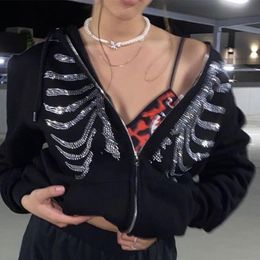 Sweats à capuche pour hommes Sweatshirts Y2K Strass Squelette Hommes Gothique Noir Zip Up Surdimensionné Femme Rétro Harajuku Veste À Capuche Outfit Unisexe