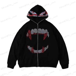 Hoodies voor heren Sweatshirts Y2k Strass Grappig patroon Schedel Oversized sweatshirt met volledige ritssluiting Herfst Goth Hoodie Heren Dames Grunge jack met capuchon Street chic T240126