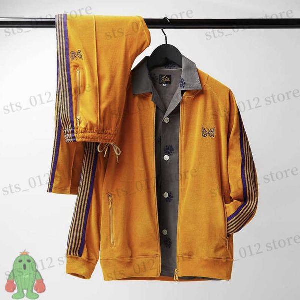 Sudaderas con capucha para hombres Sudaderas Amarillo Terciopelo Agujas Chándal Lado Correas Bordado Mariposa AWGE Malla Pantalones Pareja Cremallera Conjunto T230921