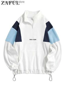 Sweats à capuche pour hommes Sweatshirts ZAFUL Sweat à capuche pour hommes Fluffy Polaire New York Broderie Col Roulé Pull Color Block Zipper Sweats Q240322