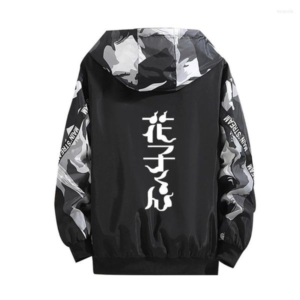 Sudaderas con capucha para hombre Chaqueta fina Anime Hanako-kun Cosplay con capucha Rol Yugi Amane Estampado luminoso Cremallera Empalme Camuflaje Abrigo negro