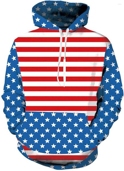Sudaderas con capucha para hombre Unisex Cool 3D Print Pullover Sudadera con capucha con bolsillo para hombres Mujeres Estrellas y rayas Bandera estadounidense Rojo Azul