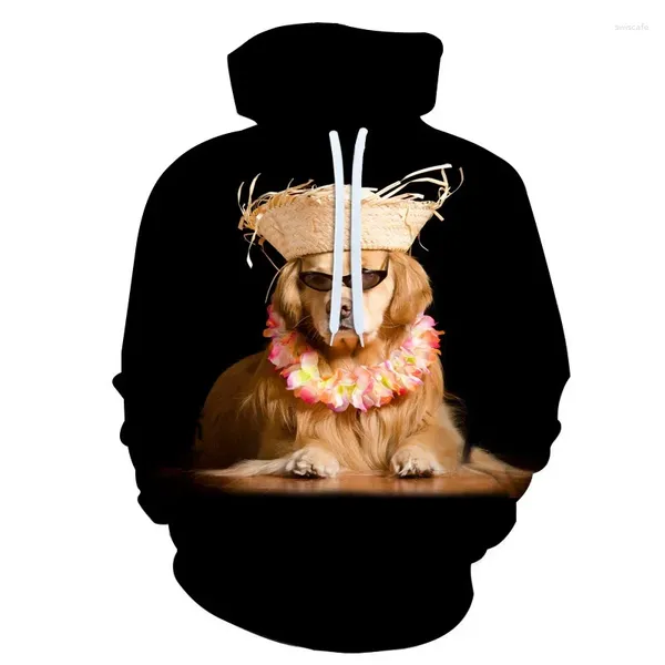 Sudaderas con capucha para hombre, unisex, divertido perro de pelo dorado con sombrero de paja y guirnalda, estampado 3D, suéter gráfico lindo para hombre y mujer, ropa de calle de animales