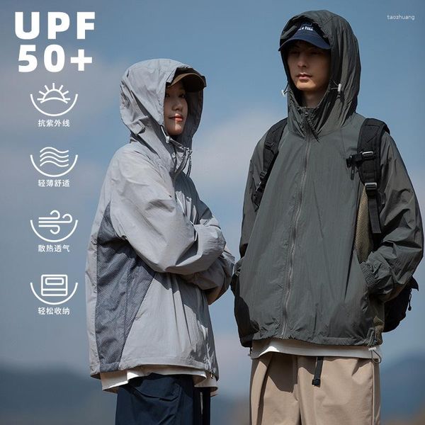 Sudaderas con capucha para hombre UPF50 Patchwork malla traje de protección solar para verano fino al aire libre UV transpirable con capucha