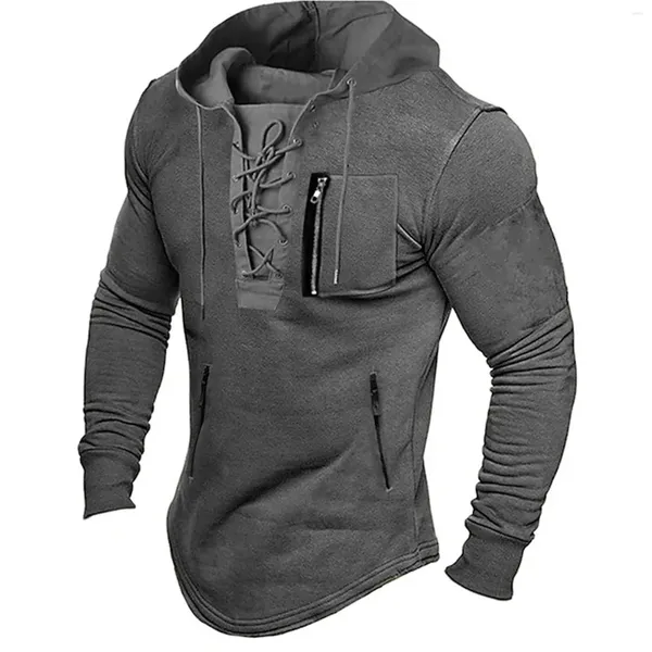 Sweats à capuche pour hommes Sweat à capuche vintage pour hommes printemps et automne mode décontractée à lacets à capuche à manches longues pull chemise médiévale rétro vêtements masculins