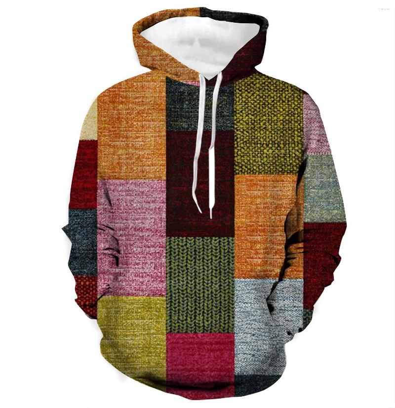 Herrtröjor vintage hoodie lapp mönster 3d tryck roligt för män sommar avslappnad långärmad övergripande toppar pullover kläder