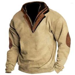 Herenhoodies Vintage Stand Kraag Patchwork PU Sweatshirt Man Herfst Warme Fleece Outdoor Hoodie Winter Casual Lange Mouw Rits Heren
