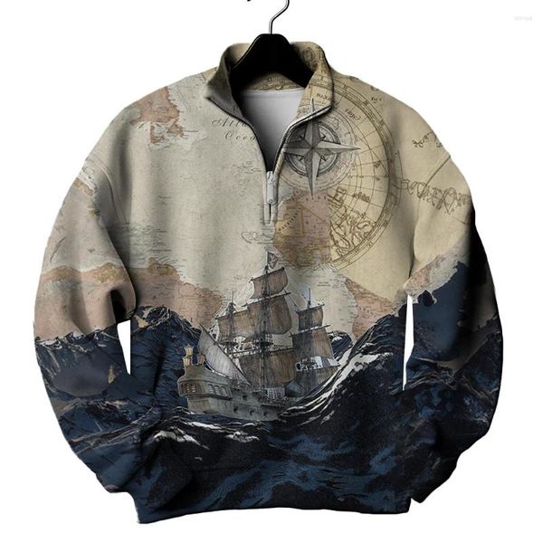 Sudaderas con capucha Vintage con cremallera para hombre, sudaderas de manga larga con estampado náutico 3d, ropa holgada de gran tamaño, Top informal de moda para otoño