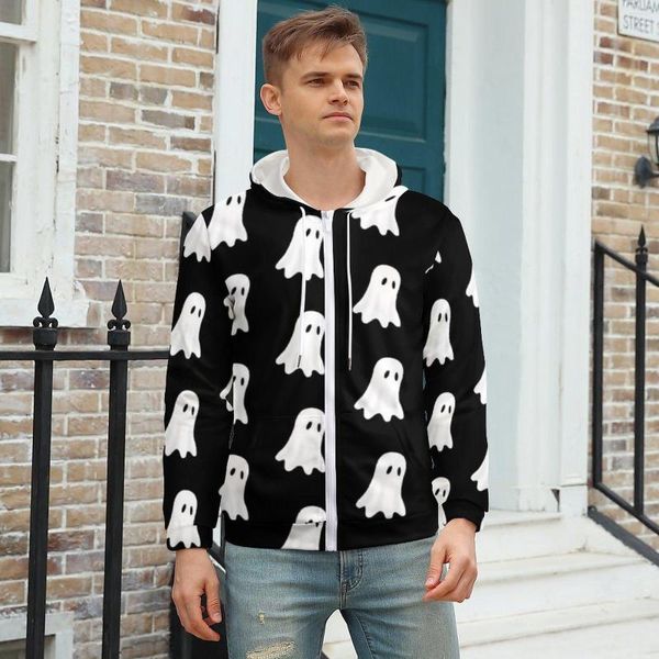 Sudaderas con capucha para hombre Sudadera con capucha con estampado de fantasma blanco Spooky Halloween Hombres Cálidos y agradables con cremallera de talla grande XXXL