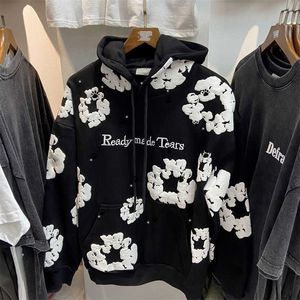 Heren Hoodies Winter Readymade Foam Flower Co Branded Denim Dames Bladerdeeg Gedrukt Verontruste Pullover Cap Borduren Witte Kapok Getijdensweaters Z8Z8