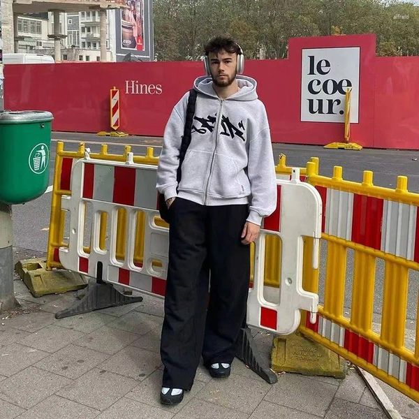 Sudaderas con capucha para hombre Y2k, cárdigan con estampado de patrón gris Retro americano, sudaderas para ropa, chaqueta Vintage de calle alta de otoño