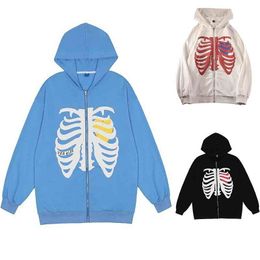 Sweats à capuche pour hommes Y2K Harajuku Style coréen Loose Skeleton Zip Up Hoodie Goth Grunge Veste à capuche à manches longues Retro Black Sweatshirt 0901H