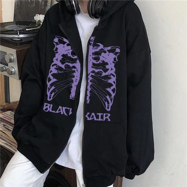 Sweats à capuche pour hommes Y2K Skeleton Print Hommes Femmes Gothique Noir Zip Up Sweat-shirt surdimensionné Dames Rétro Harajuku Veste à capuche Streetwear