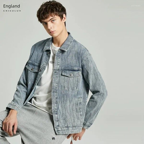 Sweats à capuche masculins Yingjuelun Brand Trendy Fashion Wave Line Denim Coat Youth Spring and Autumn High Street Piaoshuai Casual Flip Neck Jacket