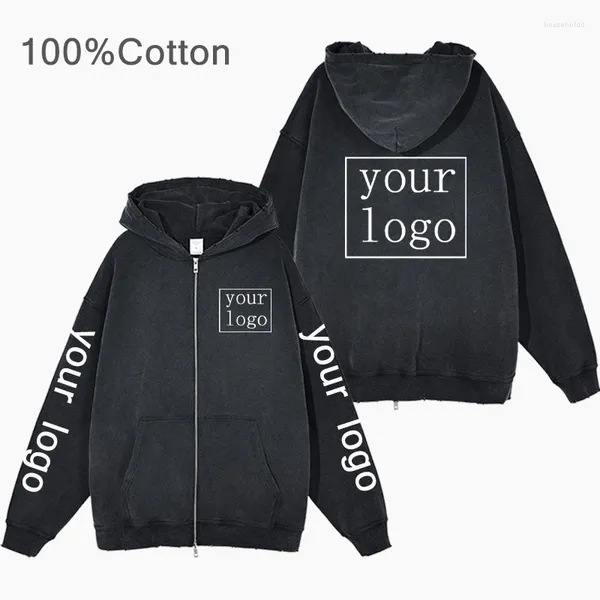 Sweats à capuche pour hommes Votre propre logo de marque / image personnalisée Zip Up Vintage Wash Cotton Sweatshirts Unisexe Texte DIY Vestes à fermeture éclair imprimées