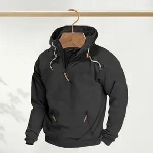 Sweat à capuche pour hommes, encolure zippée, couleur unie, avec poches, pull élégant pour le sport, hiver