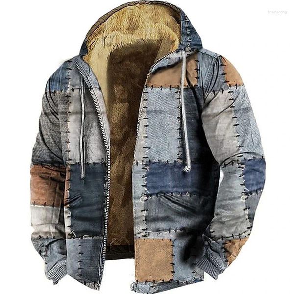 Parka à capuche en polaire pour homme, manteau d'hiver, couture, Patchwork, veste graphique, sweat-shirt, vêtements d'extérieur, pardessus quotidien à capuche