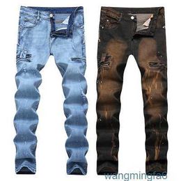 Jeans de motard pour hommes, haute qualité, fermeture éclair, imprimé de styliste, pantalon droit cassé, grande taille, Streetwear Pi1b, offre spéciale