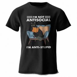T-shirt imprimé pour hommes Je ne suis pas anti-social 100% Cott surdimensionné T-shirts graphiques de chat drôle pour hommes femmes Tops d'été l2rl #