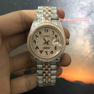Heren Ice Diamond Horloge Bi-Rose Goud Roestvrij Stalen Diamanten Band Horloge Arabische Digitale Schaal Automatische Mechanische Watches219s