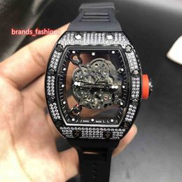 Heren Ice Diamond Horloges Opengewerkte Gezicht Horloge Diamond Case Horloge Zwarte Rubberen Band Volautomatische Mechanische Watch269K