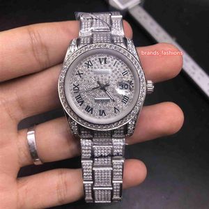 Heren Iced Diamond Watch Silver Diamond Face Watch Roestvrij stalen diamanten band Automatische mechanische sporthorloges326w