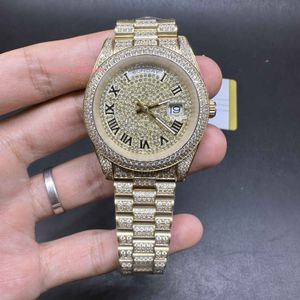 Montre à diamant glacé pour hommes, dieu jaune, boîtier en acier inoxydable, cadran en diamant, chiffres romains, montre-bracelet automatique de 41MM