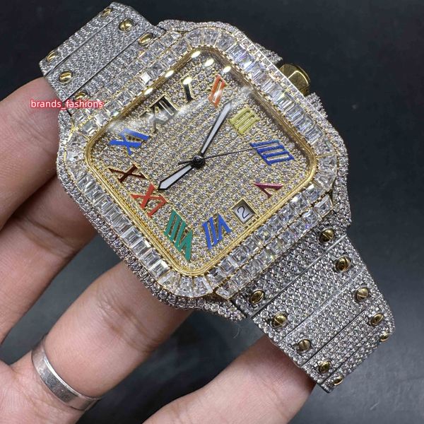 Montres à diamants glacés pour hommes, boîtier en or 2 tons, chiffres romains arc-en-ciel, cadran Gole, pierres baguette, lunette, nouvelle tendance, montre hip-hop, mouvement automatique