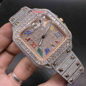 Montres à diamants glacés pour hommes, boîtier en or rose 2 tons, chiffres romains arc-en-ciel, échelle de pierres baguette, lunette, nouvelle tendance, montre hip-hop, montres à mouvement automatique