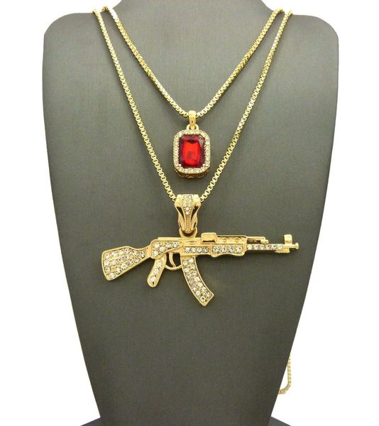 HOMME GLACÉ AK-47 FUSIL PISTOLET ROUGE RUBIS PENDENTIF W 24 