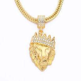 Collier de tête de lion pour hommes glacé Bling animal cristal Pendentif Or Longue chaîne Pour les femmes Bijoux Hip Hop