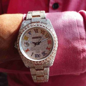 Heren Iced Out Moissanite Diamond Hip Hop Rainbow Romeinse wijzerplaat automatisch polshorloge