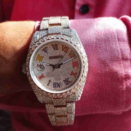 Montre homme Iced Out Moissanite diamant Hip Hop arc-en-ciel cadran romain montre-bracelet automatique de luxe