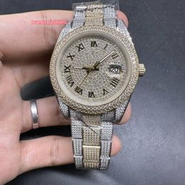 Heren Iced roestvrijstalen diamanten horloge, 2-kleurige goudkleurige kast, Romeinse cijfers, 41 mm automatisch uurwerkhorloge
