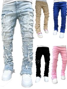 Heren IHS Jeans Regular Fit gestapelde patch bedroefd vernietigde rechte denim broek streetwear kleding casual Jean