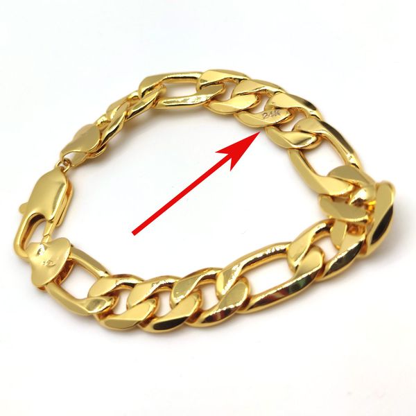 Bracelet Hip Hop à maillons Figaro italien pour hommes, chaîne de poignet plaquée or 24 carats, 8.46 pouces, 12mm d'épaisseur