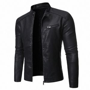 Veste en cuir noir pour hommes, col montant, manches LG, printemps automne, tendance coréenne, Slim Fit, veste de moto décontractée, J3Qb #