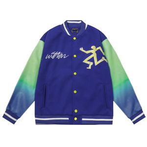 Chaqueta de hombre abrigo de diseñador estilo hip-hop pareja a juego traje de béisbol degradado, bordado de letras de piel de vaca de grano de lichi