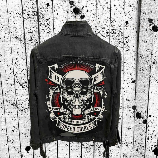 Chaqueta para hombre Jean Denim Vintage lavado negro cráneo hueso Harajuku destruir se desvanece casual heavy metal streetwear motocicleta y220803