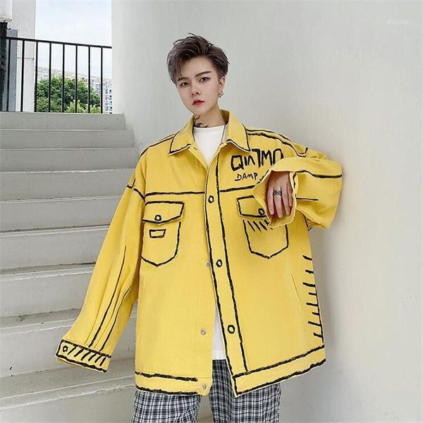 Vestes pour hommes 2021 Peint à la main Scrawl Casual Denim Jacket Mens Harajuku Hip Hop Vintage et manteaux jaune noir jeans