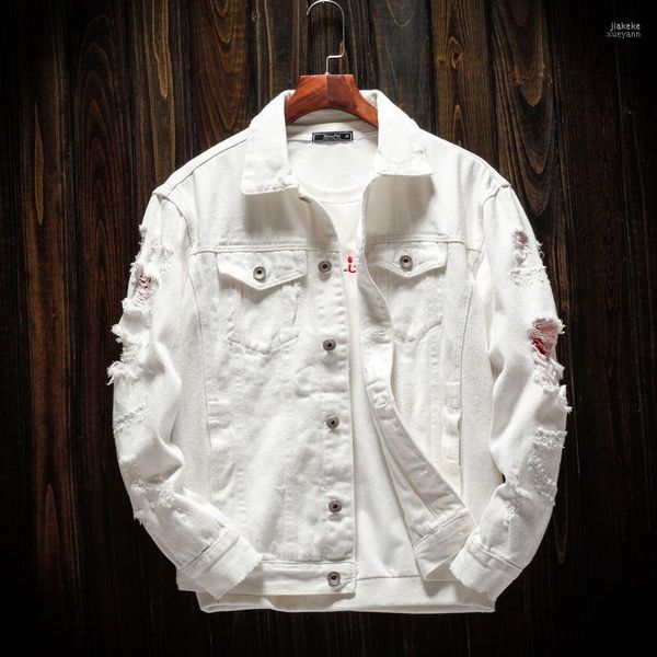 Chaquetas de hombre 2022 otoño moda chaqueta de hombre blanco negro rojo Color destruido motorista rasgado Denim Streetwear Bomber Homme1