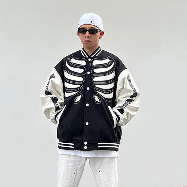 Vestes masculines 2023 Veste de baseball américaine Streetwear Hip Hop Skeleton Bones Patch Varsity Gothic Patchwork Punk College Coats