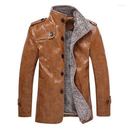 Herenjacks 2023 Autumn en Winter heren plus fluwelen pu fur mode casual midden-lengte stand-up kraag lederen jas maat m-6xl