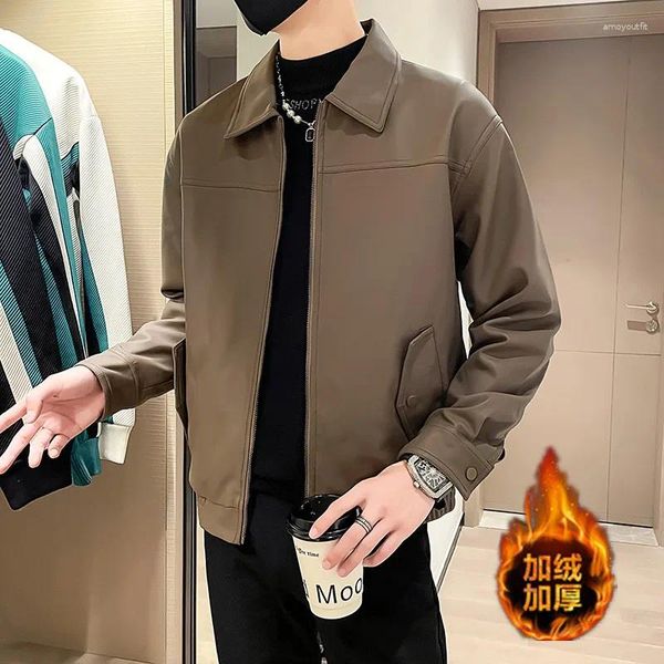 Männer Jacken 2023 Herbst Marke Leder Jacke Mode Revers Casual Kurzen Graben Mantel Verdickt Warme Streetwear Mantel Männer Kleidung