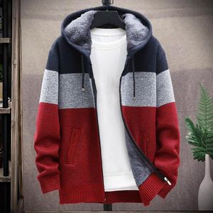Herenjacks 2023 Autumn Koreaanse sweaters met capuchon met dikke en fluweel vilten gebreide truijassen patchwork jas man m-3xl