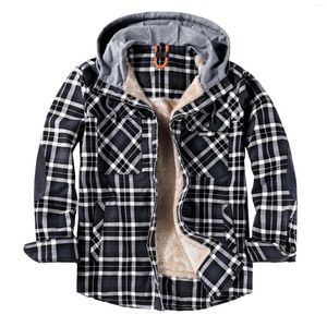 Chaquetas de hombre 2023 Otoño Invierno chaqueta de franela para hombre a cuadros camisas de manga larga abrigos al aire libre senderismo a prueba de viento cálido forro polar con capucha