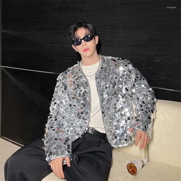 Vestes pour hommes 2023 Big Sequin Bling Glitter V Col Veste Hommes Night Club Stage Performance Costume Mode Brillant Manteau Cardigan